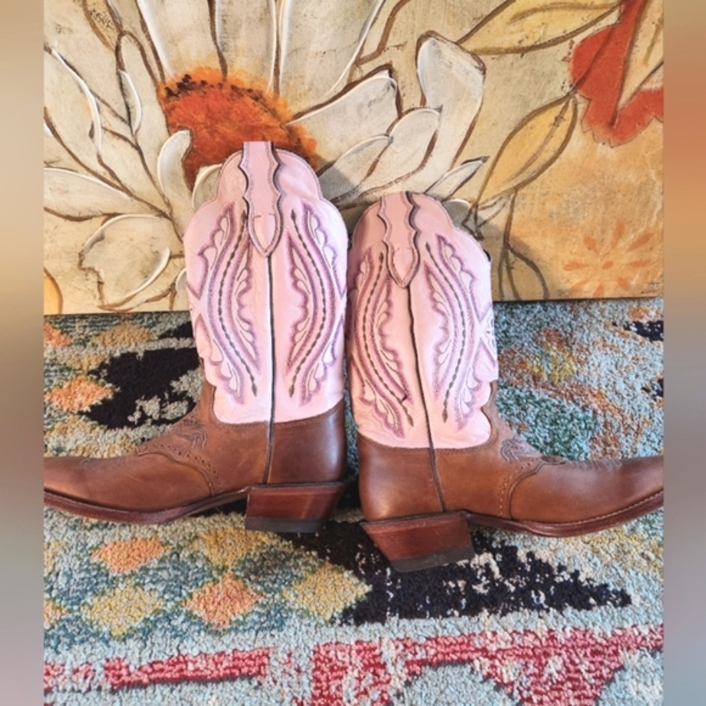 JUSTIN Punchy Pink Westerner Cowhide Foot COFFEE Leather Cowgirl Boots 8.5B EU C